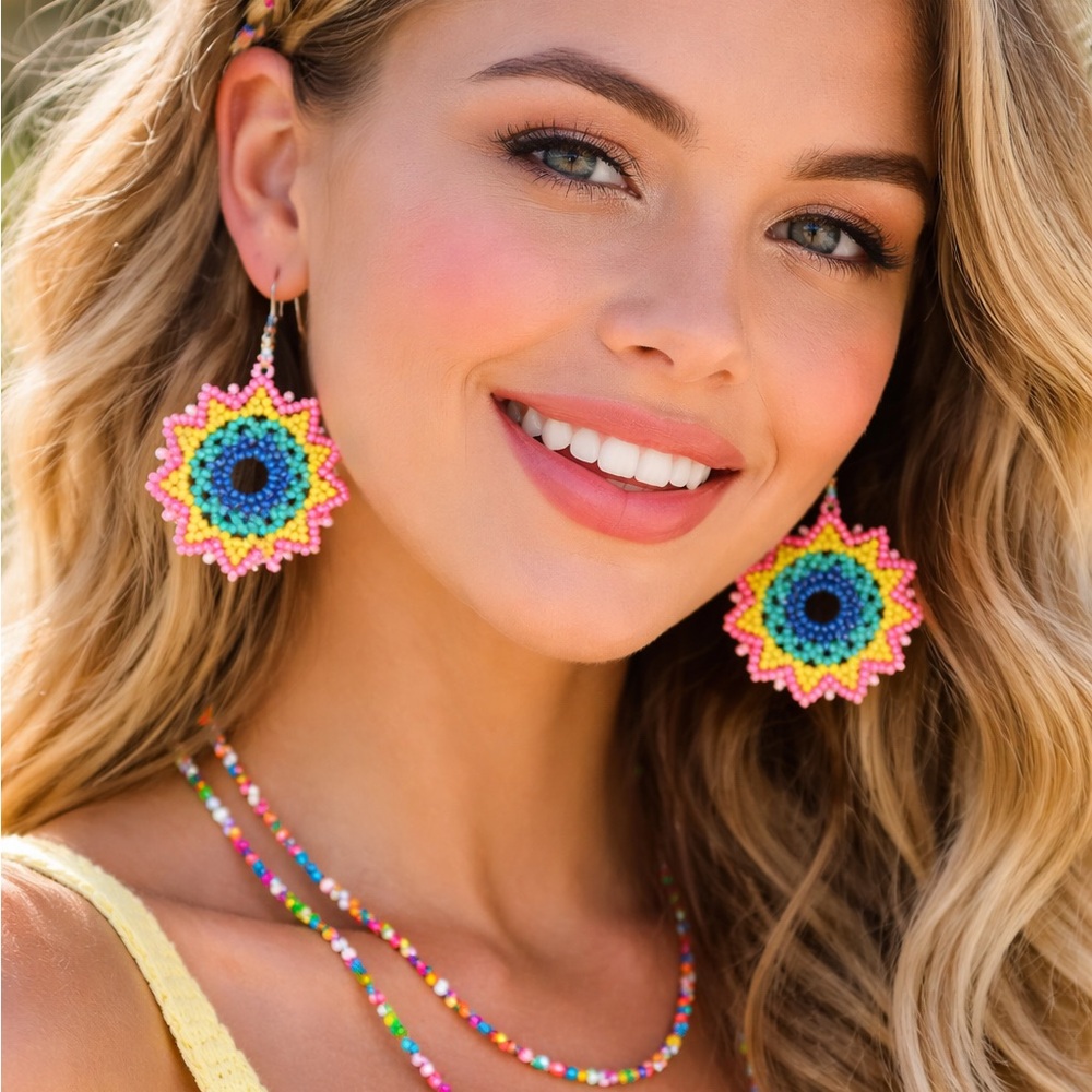 Hand Crafted Boho Beaded Rainbow Sunburst Earrings